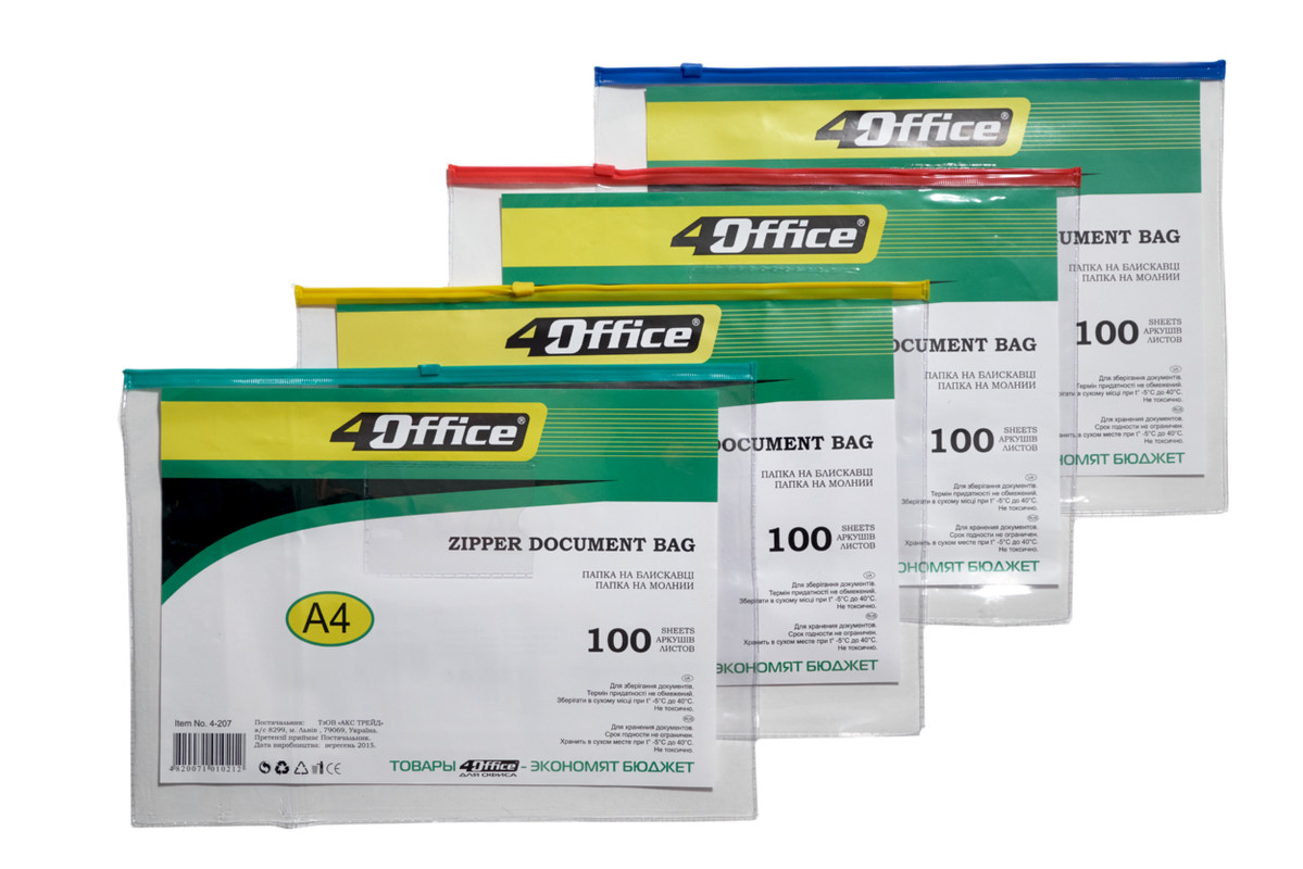 Папка на блискавці 4OFFICE (4-207), 180мкм, A4, 150 арк., прозора, PVC